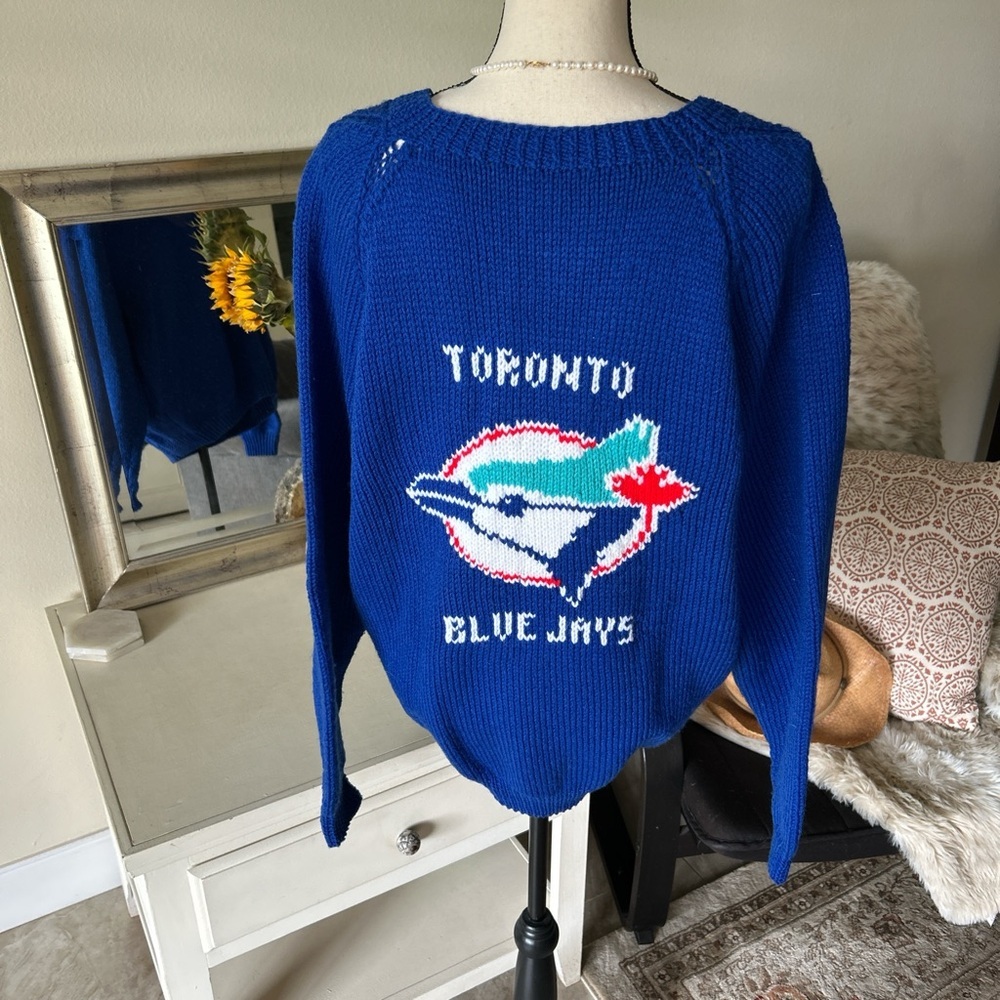 Vtg handmade knitted v neck electric blue Toronto blue jays sweater large XL​